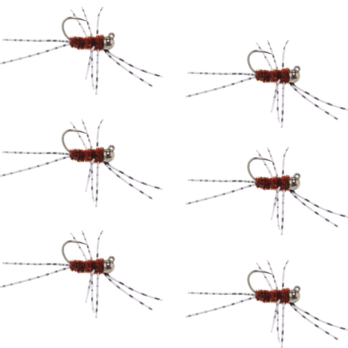 Set of six Barbless Pat's Rubber Legs Tungsten Bead Euro Nymph flies in brown for trout fishing, featuring detailed wet fly design.