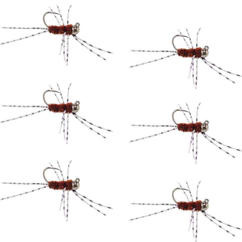 Set of six Barbless Pat's Rubber Legs Tungsten Bead Euro Nymph flies in brown for trout fishing, featuring detailed wet fly design.