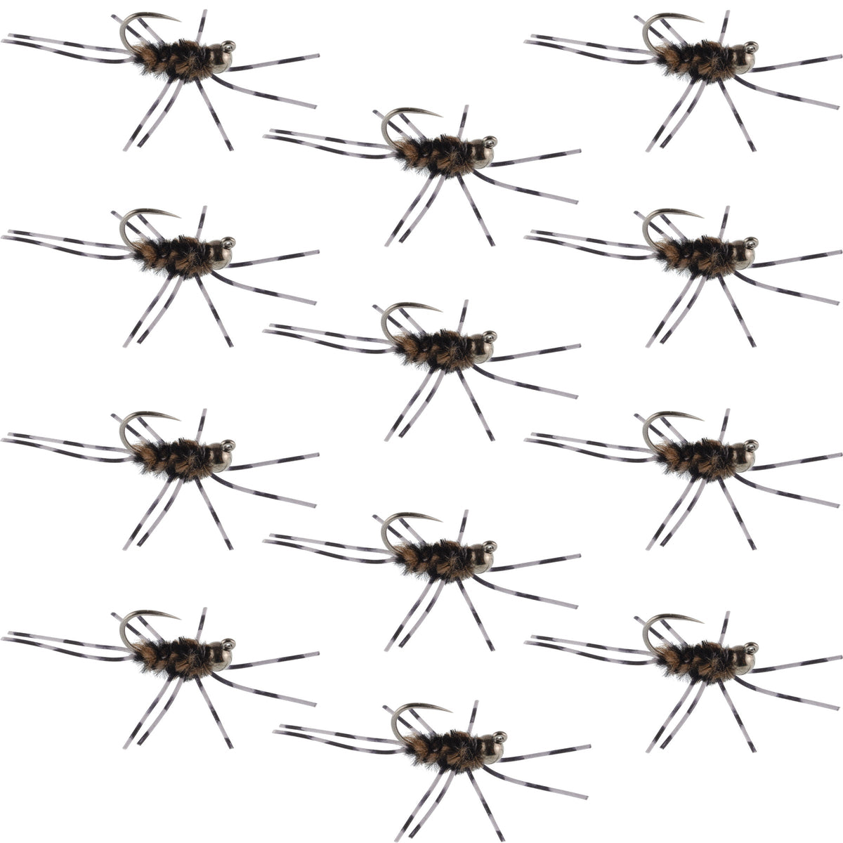 Set of 12 Barbless Pats Rubber Legs Tungsten Euro Nymphs in coffee and black for trout fishing, featuring barred rubber legs and tungsten beads.
