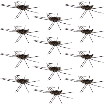 Set of 12 Barbless Pats Rubber Legs Tungsten Euro Nymphs in coffee and black for trout fishing, featuring barred rubber legs and tungsten beads.