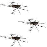 Set of three Pat's Rubber Legs tungsten euro nymphs in black and coffee with barred rubber legs for trout fishing.