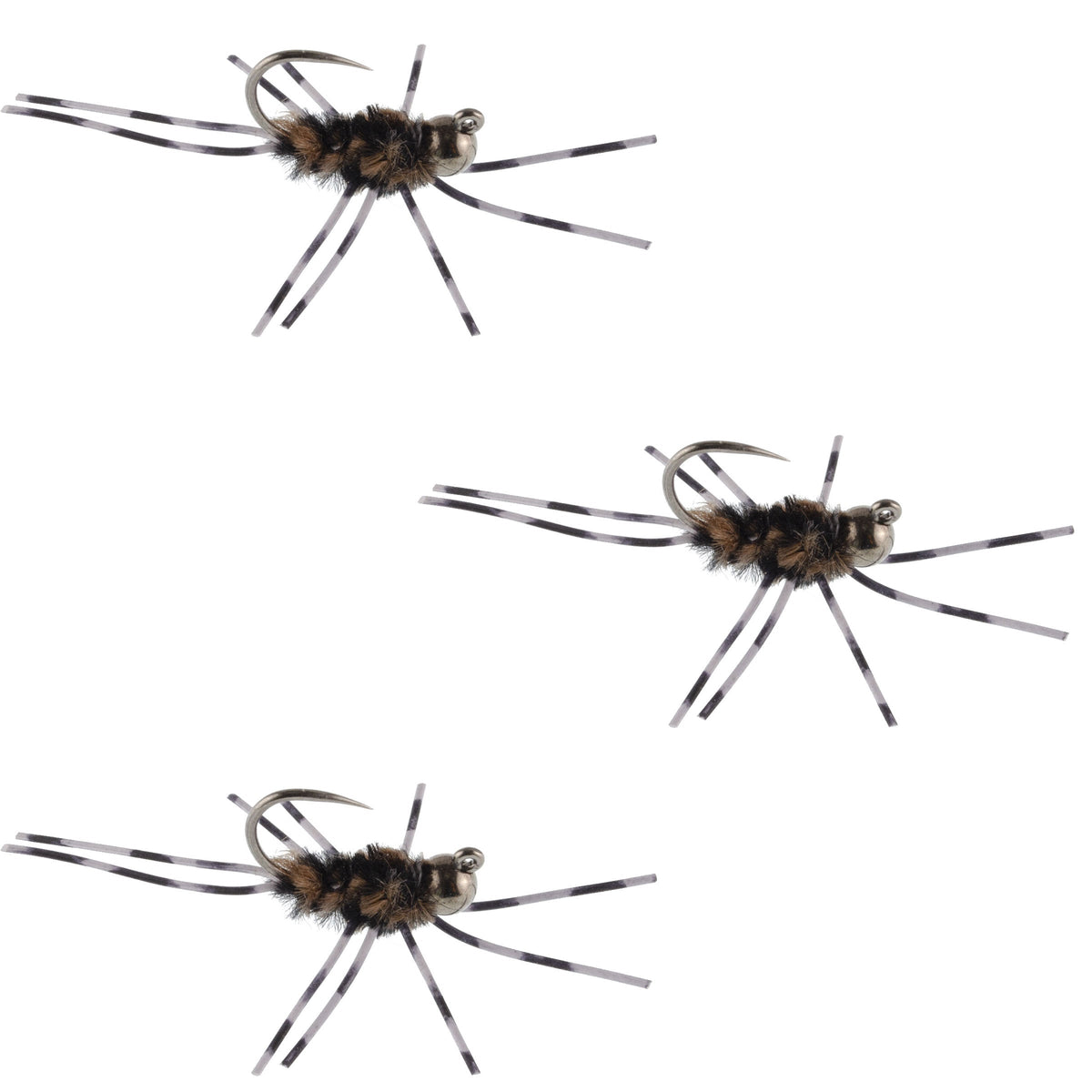 Set of three Pat's Rubber Legs tungsten euro nymphs in black and coffee with barred rubber legs for trout fishing.