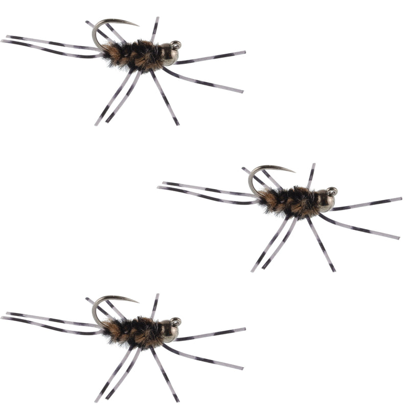 Set of three Pat's Rubber Legs tungsten euro nymphs in black and coffee with barred rubber legs for trout fishing.