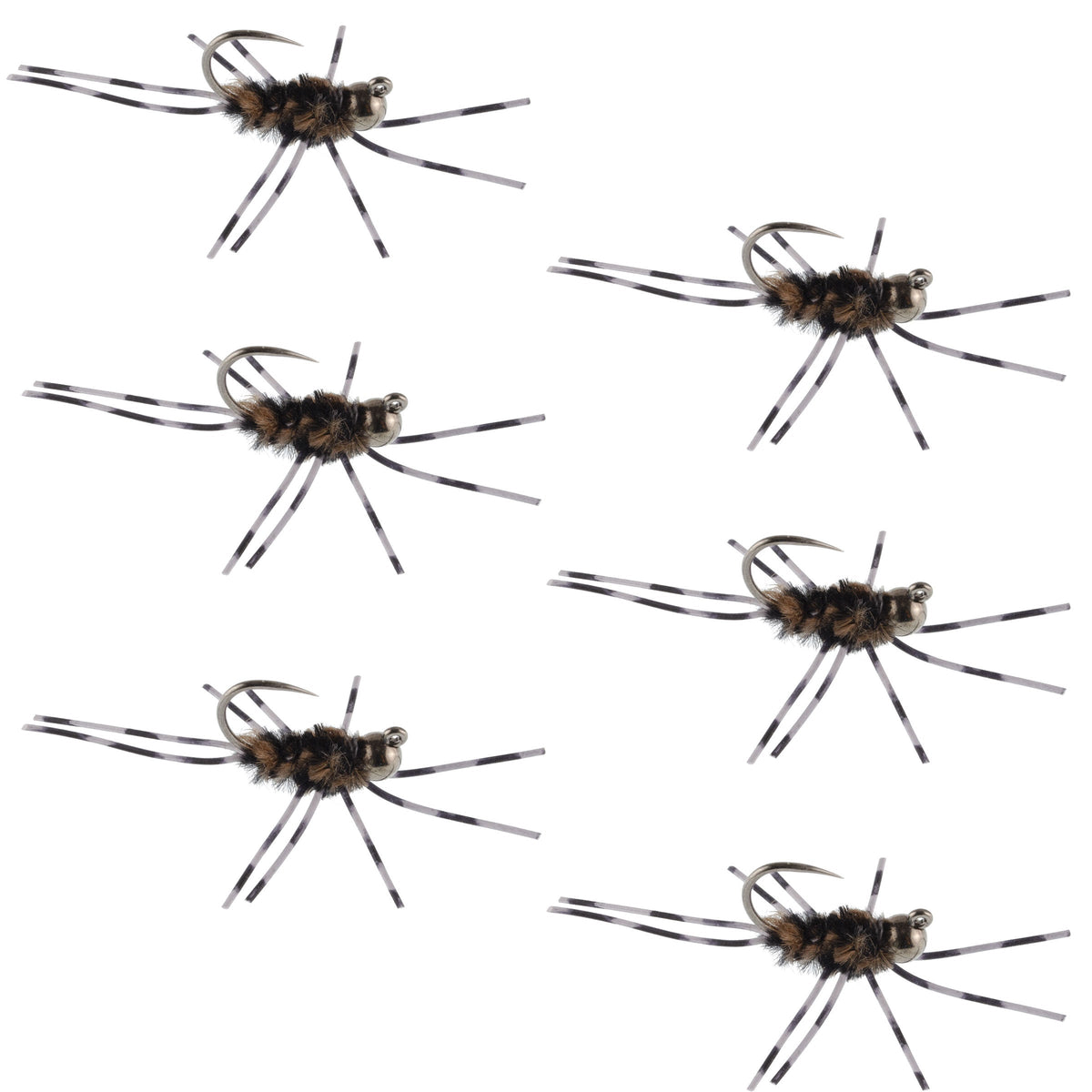 Set of 6 Barbless Pat's Rubber Legs Tungsten Nymph flies in coffee and black for trout wet fishing.