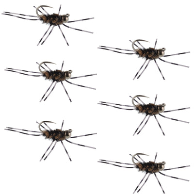 Set of 6 Barbless Pat's Rubber Legs Tungsten Nymph flies in coffee and black for trout wet fishing.
