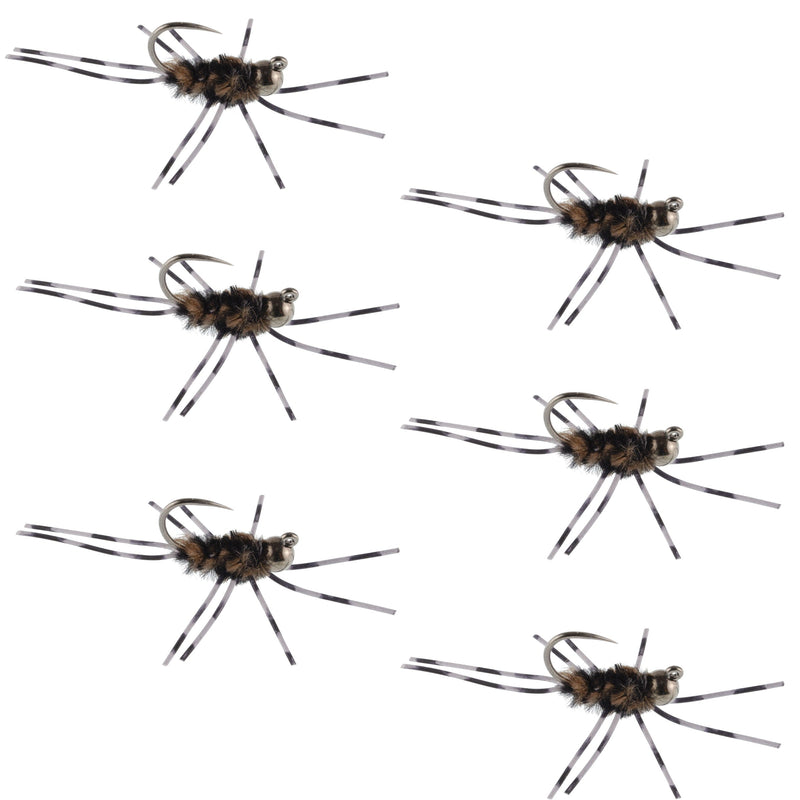 Set of 6 Barbless Pat's Rubber Legs Tungsten Nymph flies in coffee and black for trout wet fishing.