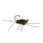 Three Pat's Rubber Legs tungsten jigged dark olive euro nymphs for trout fishing, featuring barbed rubber legs and tungsten beads.