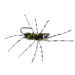 Pat's Rubber Legs tungsten nymph flies in black and olive with barred rubber legs, size 6, designed for trout fishing.
