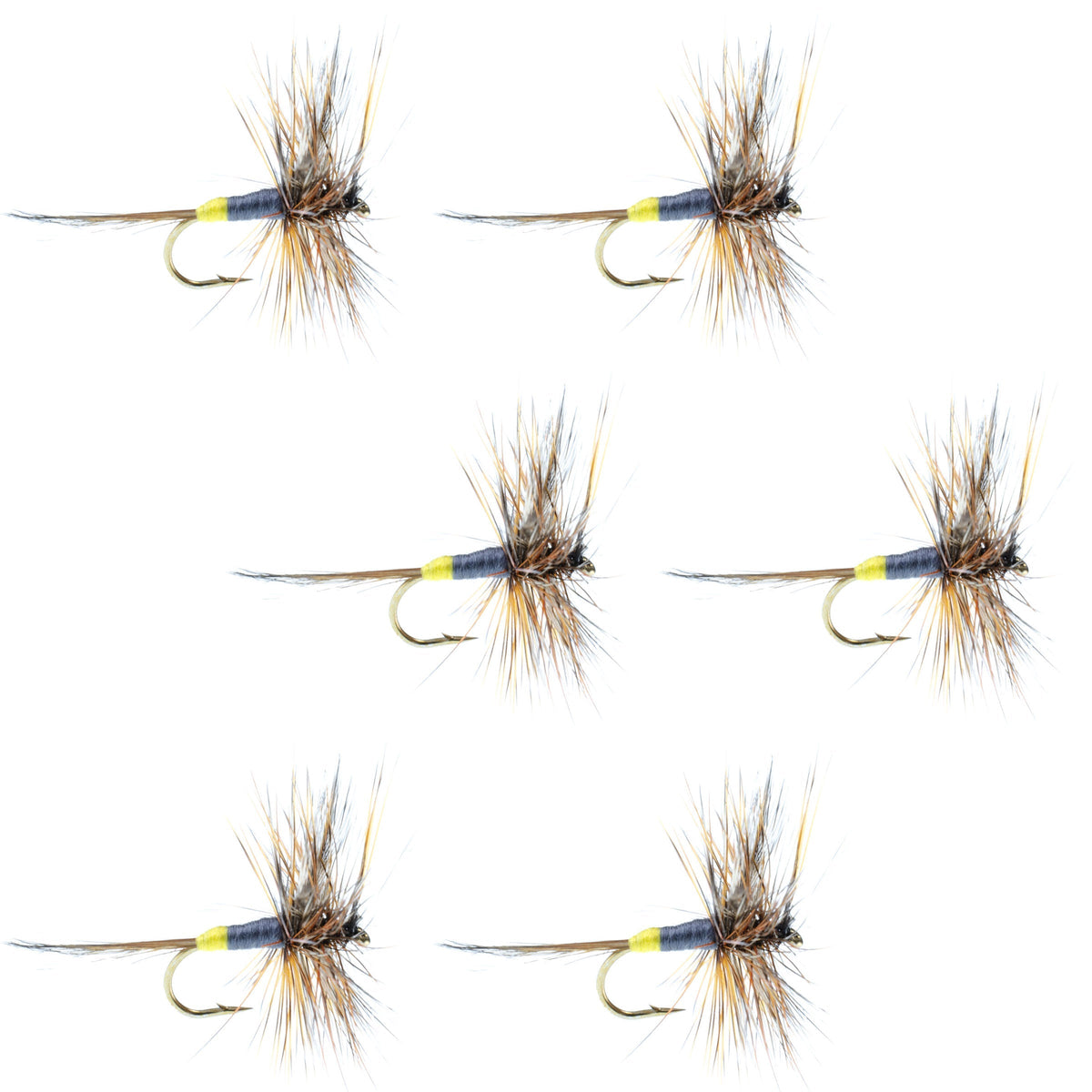 Set of six Adams Female Dry Flies for trout fishing, size 14 hooks, from The Fly Fishing Place, showing detailed fly patterns.