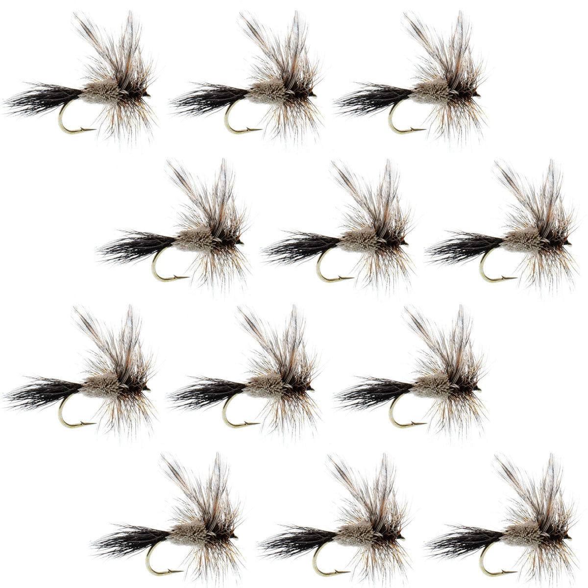 Set of 12 Barbless Adams Irresistible Classic Dry Flies for trout fishing, size 10, from The Fly Fishing Place.