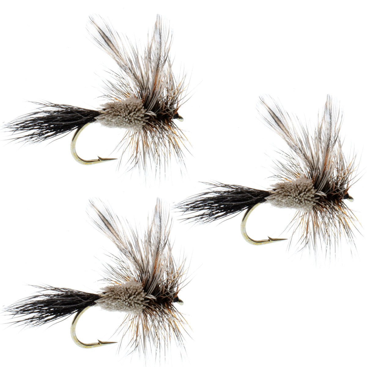 Three Adams Irresistible Classic Dry Flies in size 14, realistic trout dry flies with detailed hooks for fly fishing.