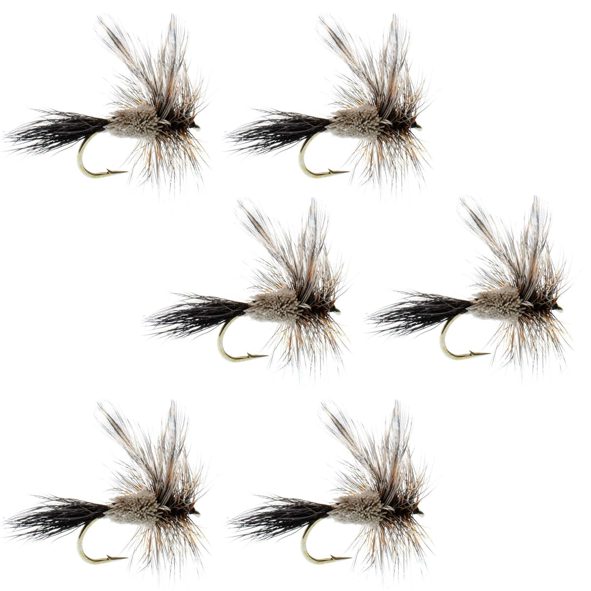 Set of six Barbless Adams Irresistible Classic Dry Flies for trout fishing, size 12, by The Fly Fishing Place.