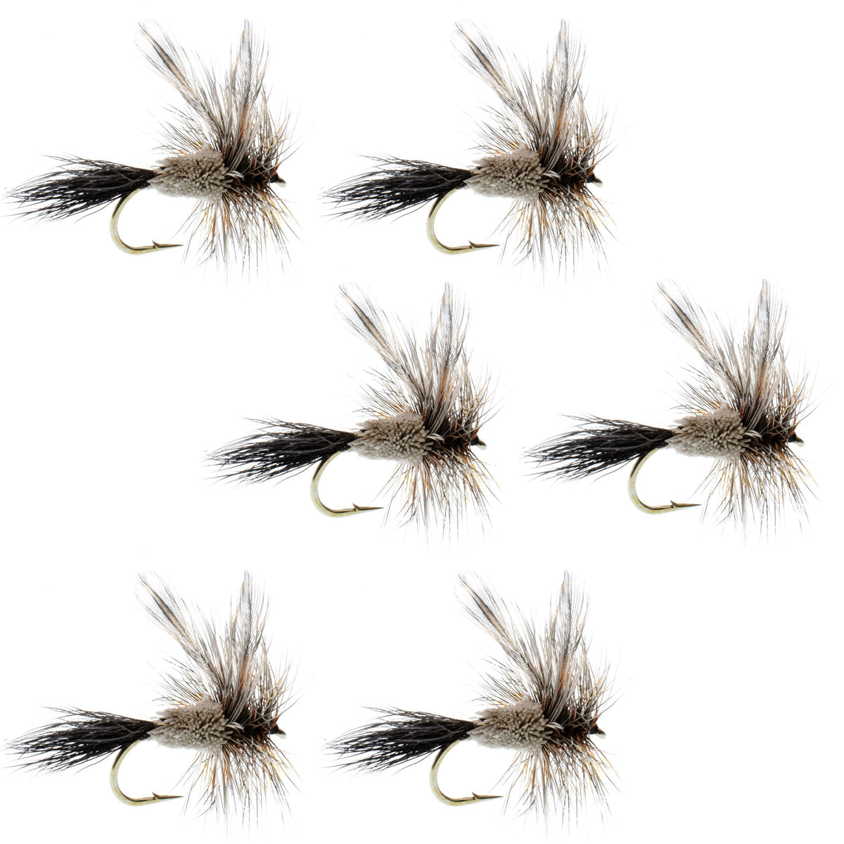 Six Adams Irresistible Classic Dry Fly fishing flies for trout, size 12, with detailed hooks and realistic insect appearance.