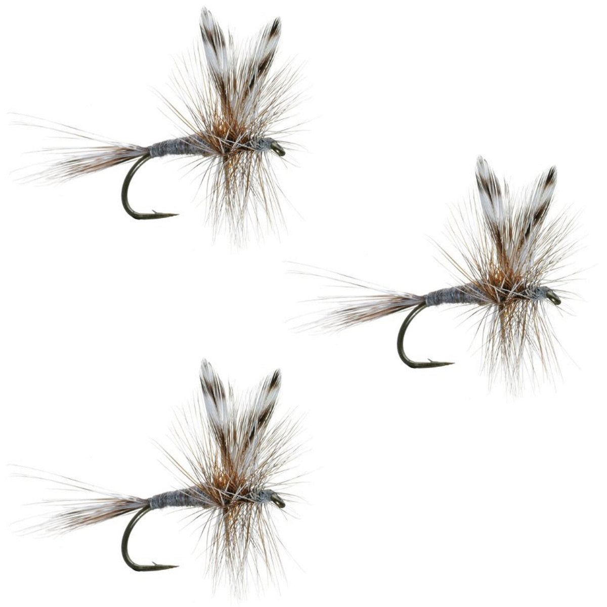 Set of three Adams Classic Dry Flies for trout fishing, size 14, featuring detailed feather and hackle fly patterns.