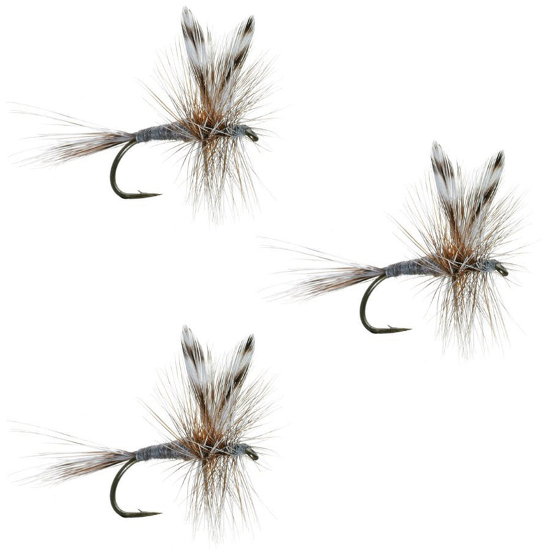 Three Adams Classic Dry Flies for trout fishing, size 18, featuring realistic wings and hooks, from The Fly Fishing Place.