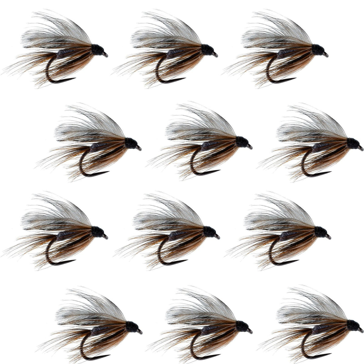 Set of 12 barbless Adams Classic wet fly fishing flies for trout, size 14, by The Fly Fishing Place.