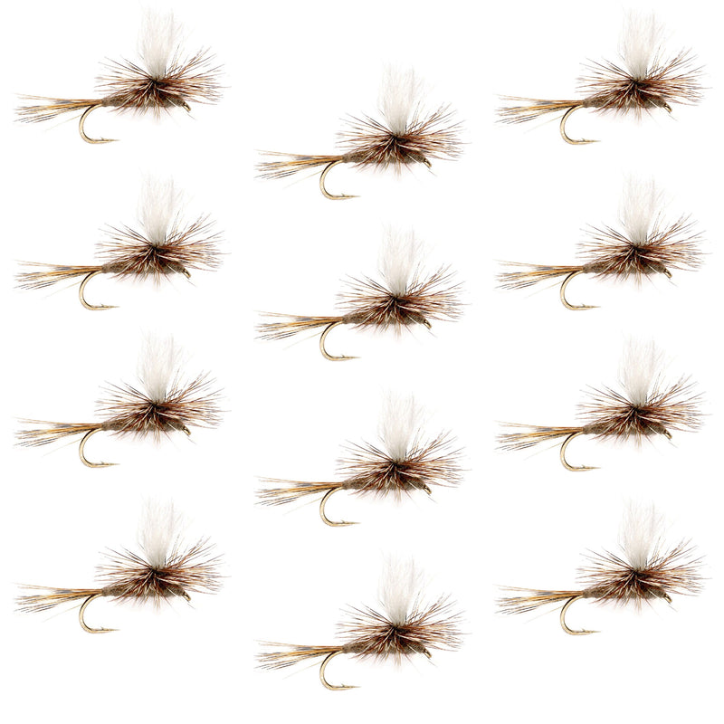 Set of 12 Adams Parachute Classic Dry Flies for trout fishing, size 10 hooks, featuring white parachute wings and realistic fly designs.