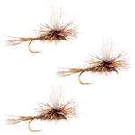 Three Adams Parachute Classic Dry Flies in size 10, trout dry flies for fly fishing, featuring white parachute wings.