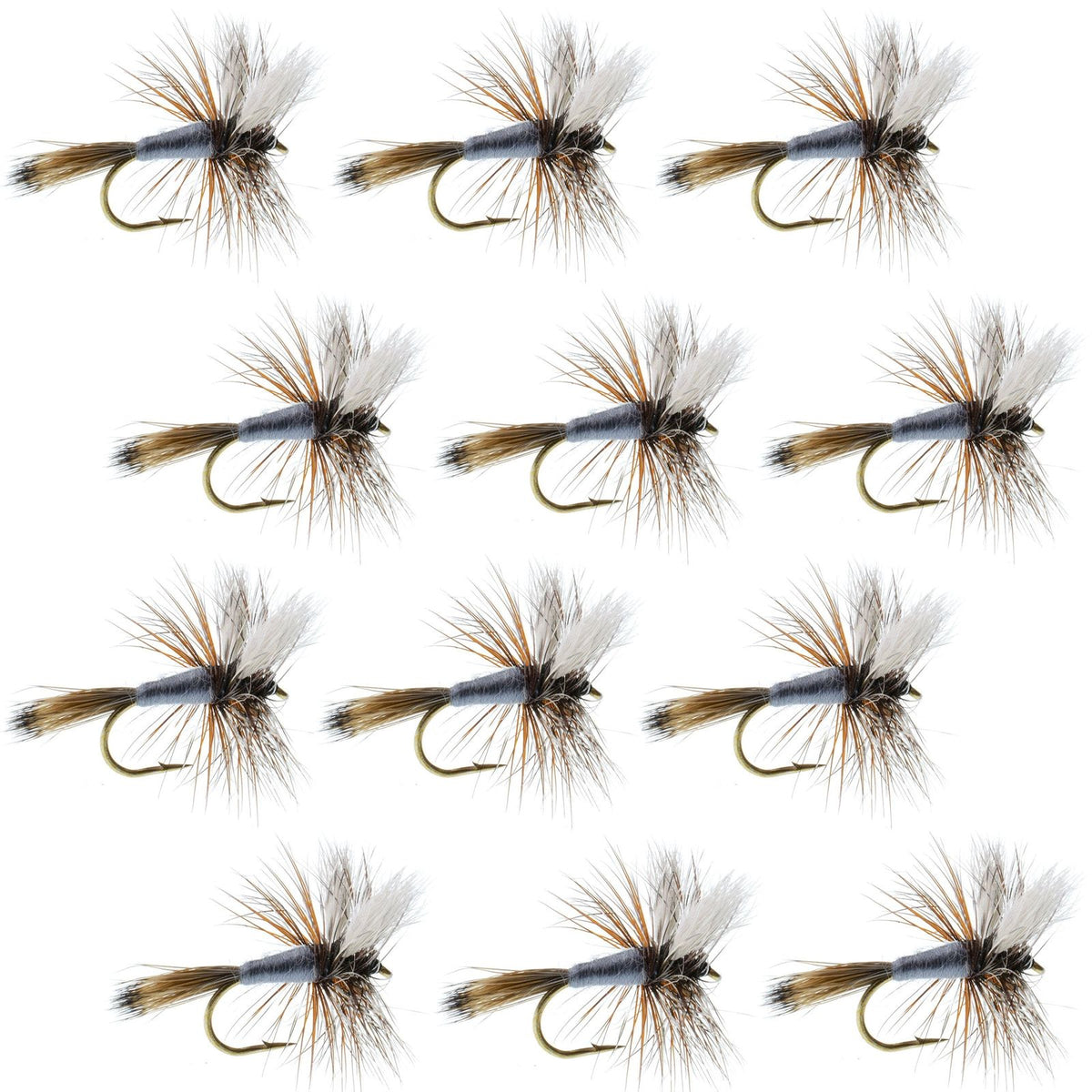 Set of 12 Adams Wulff dry fly fishing flies for trout, size 10, by The Fly Fishing Place.