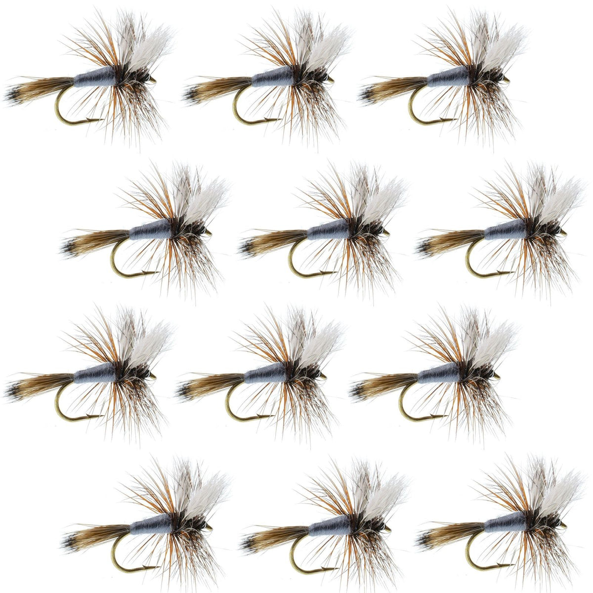 Set of 12 Adams Wulff Classic Dry Flies for trout fishing, size 12, with realistic fly hooks and detailed feathering.