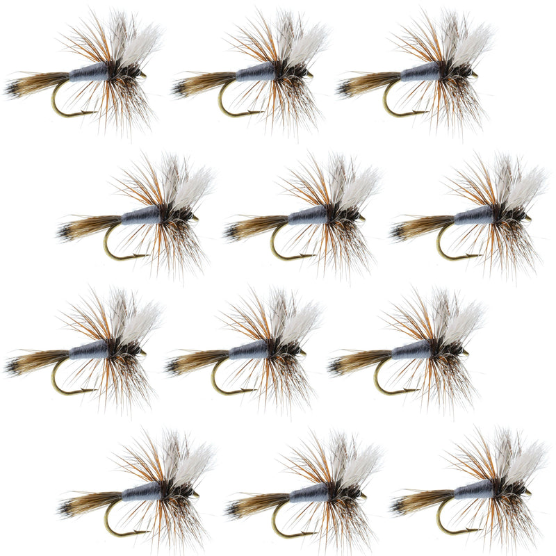 Set of 12 Adams Wulff Classic Dry Flies for trout fishing, size 12, with realistic fly hooks and detailed feathering.