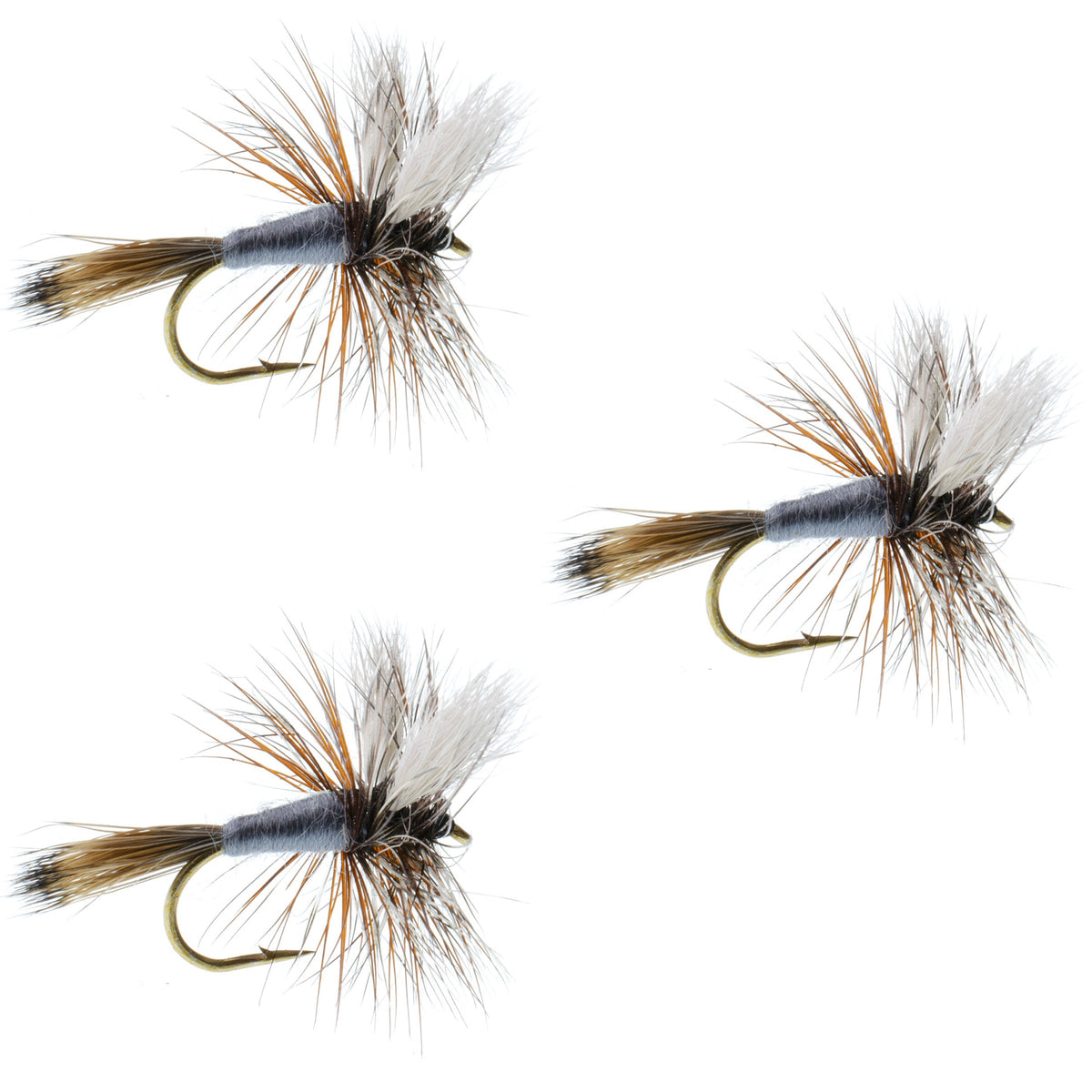 Set of three Adams Wulff dry flies for trout fishing, size 8, featuring classic dry fly hooks and realistic fly patterns.