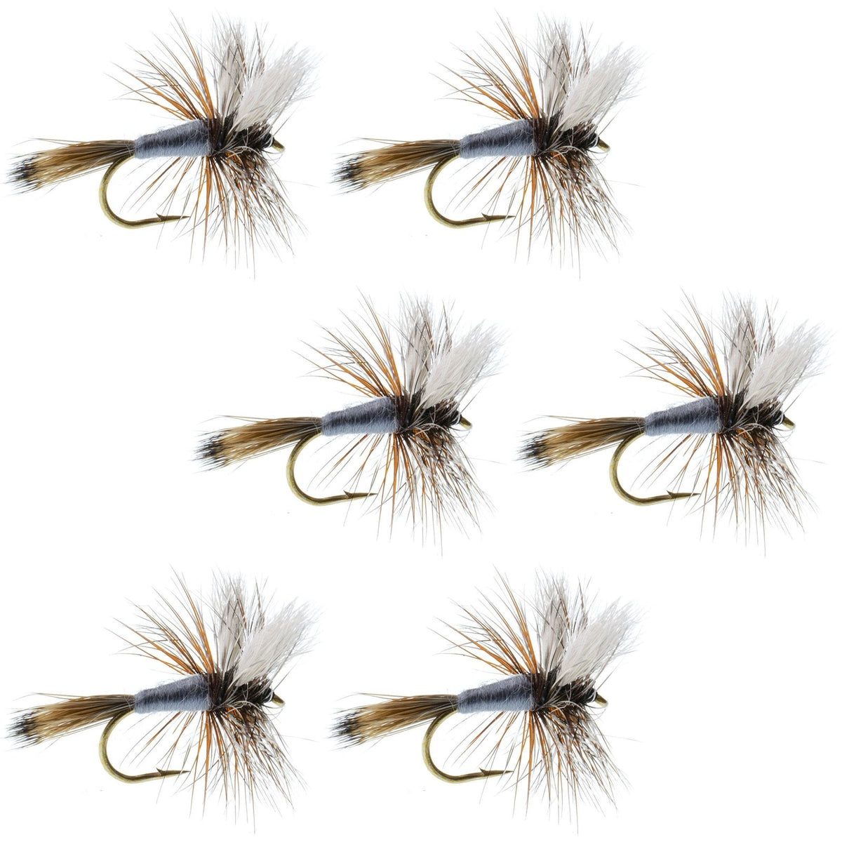 Set of six Adams Wulff Classic Dry Flies for trout fishing, size 14 hooks, designed for effective fly fishing.
