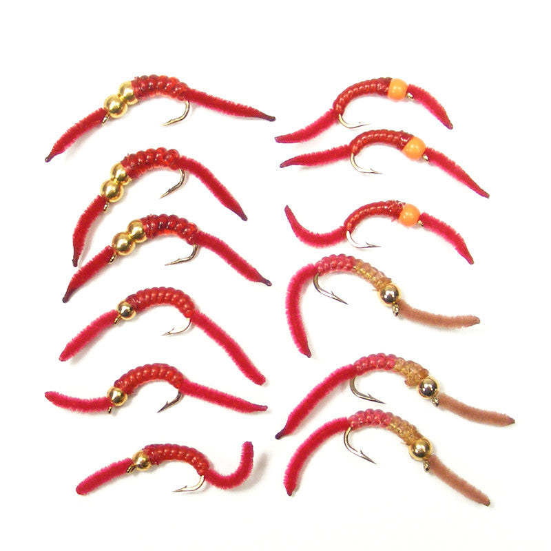 Assorted San Juan Worm Trout wet flies by The Fly Fishing Place, size 10 hooks, 3 of each of 4 patterns, on Amazon collection.