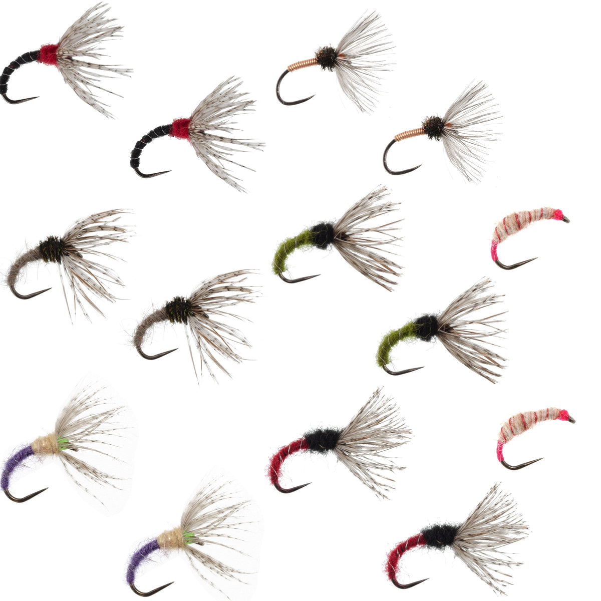 Assorted Tenkara Kebari fly fishing set with 14 nymph flies in sizes 10, 12, 14, and 16 for freshwater fishing.