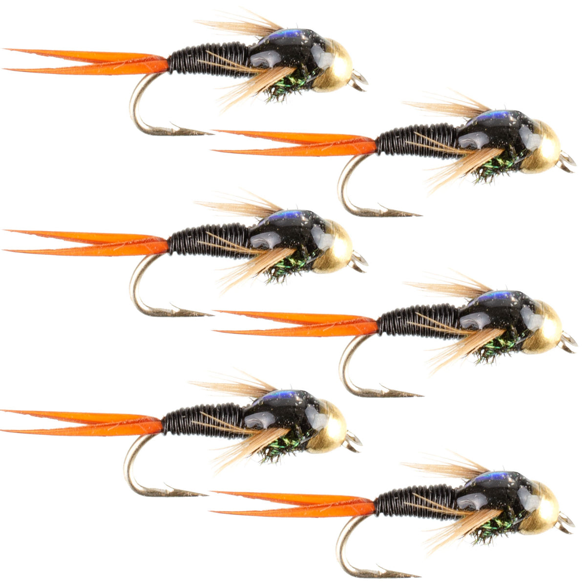 Set of six Bead Head Black Copper John Nymph trout wet flies with size 18 hooks for fly fishing by The Fly Fishing Place