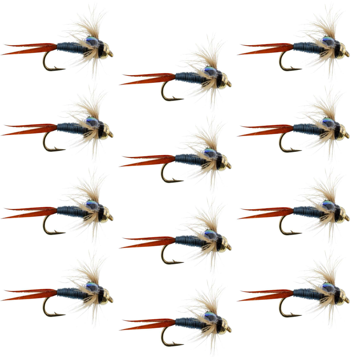 Set of 12 Bead Head Metallic Blue Copper John Nymph trout wet flies with size 14 hooks for fly fishing.