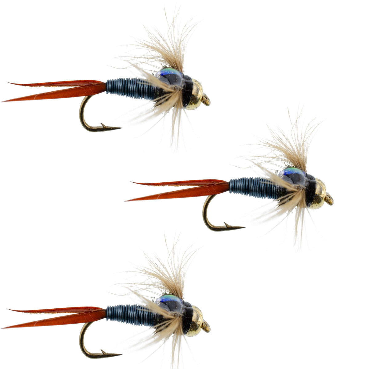 Set of three metallic blue copper John nymph trout wet flies with hooks size 14 for fly fishing by The Fly Fishing Place.