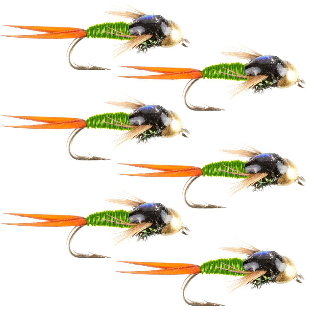 Set of 6 Bead Head Chartreuse Copper John trout wet nymph flies with hooks, size 14, for fly fishing by The Fly Fishing Place.