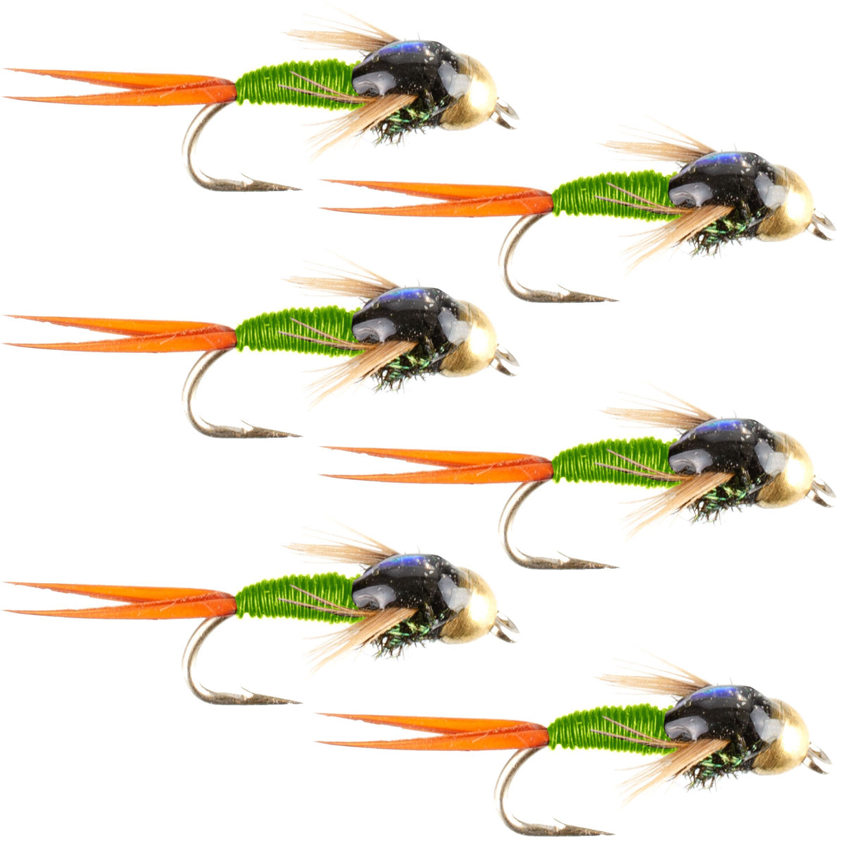 Set of 6 Bead Head Chartreuse Copper John Nymph Flies for trout fishing, size 18, featuring bright chartreuse and copper hooks.