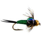 Set of 6 Bead Head Green Copper John Nymph trout wet fishing flies with hooks size 18, designed for fly fishing.