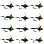 Bead Head Green Copper John Nymph fly fishing flies, size 12, trout wet flies, set of 12 hooks for freshwater fishing.