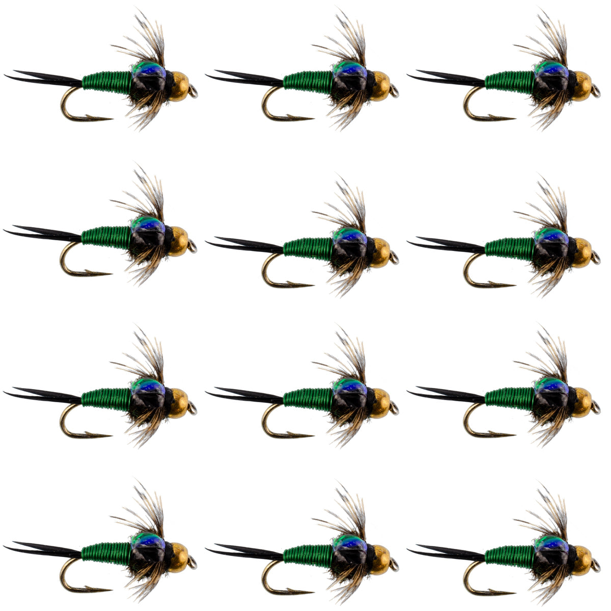 Bead Head Green Copper John Nymph fly fishing flies, size 12, trout wet flies, set of 12 hooks for freshwater fishing.