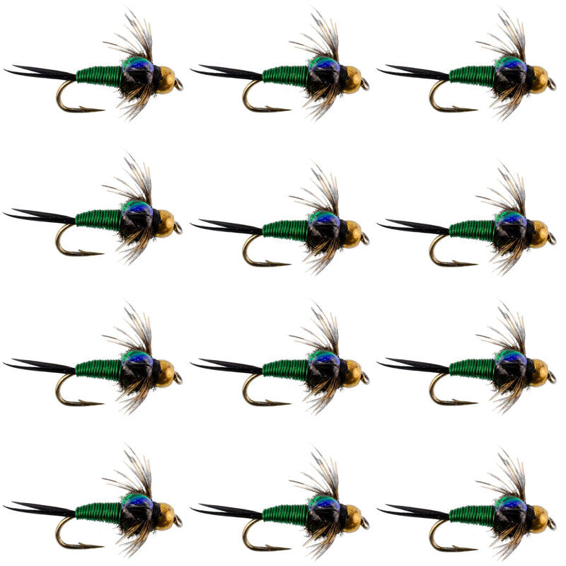 Bead Head Green Copper John Nymph fly fishing flies, size 12, trout wet flies, set of 12 hooks for freshwater fishing.