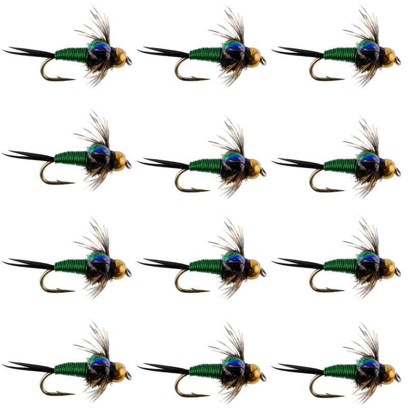 Set of 12 Bead Head Green Copper John Nymph Trout Wet Flies with hooks, size 18, for fly fishing by The Fly Fishing Place.