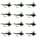Set of 12 Bead Head Green Copper John Nymph trout wet flies with size 16 hooks for fly fishing.