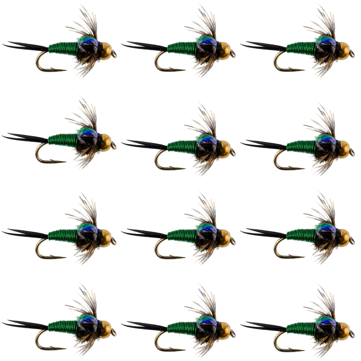 Set of 12 Bead Head Green Copper John Nymph trout wet flies with size 14 hooks for fly fishing.