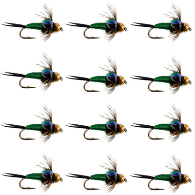 Set of 12 Bead Head Green Copper John Nymph trout wet flies with size 14 hooks for fly fishing.
