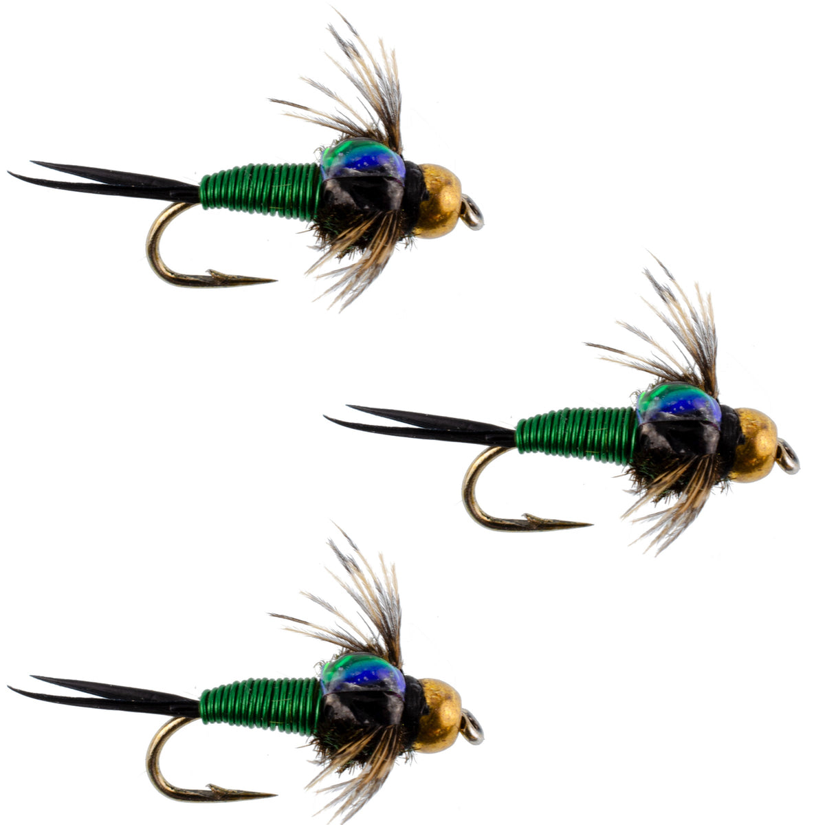 Set of three Green Copper John nymph flies for trout fishing, featuring bead head hooks in size 18, by The Fly Fishing Place.