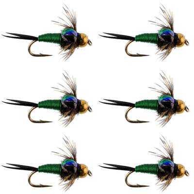 Bead Head Green Copper John Nymph Fly Fishing Flies - Set of 6 Flies Hook Size 14