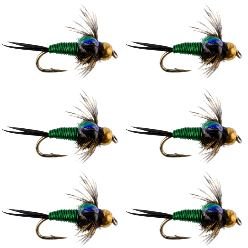 Bead Head Green Copper John Nymph Fly Fishing Flies - Set of 6 Flies Hook Size 14