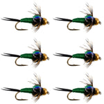 Set of 6 Bead Head Green Copper John Nymph trout wet flies for fly fishing, hook size 18, by The Fly Fishing Place.