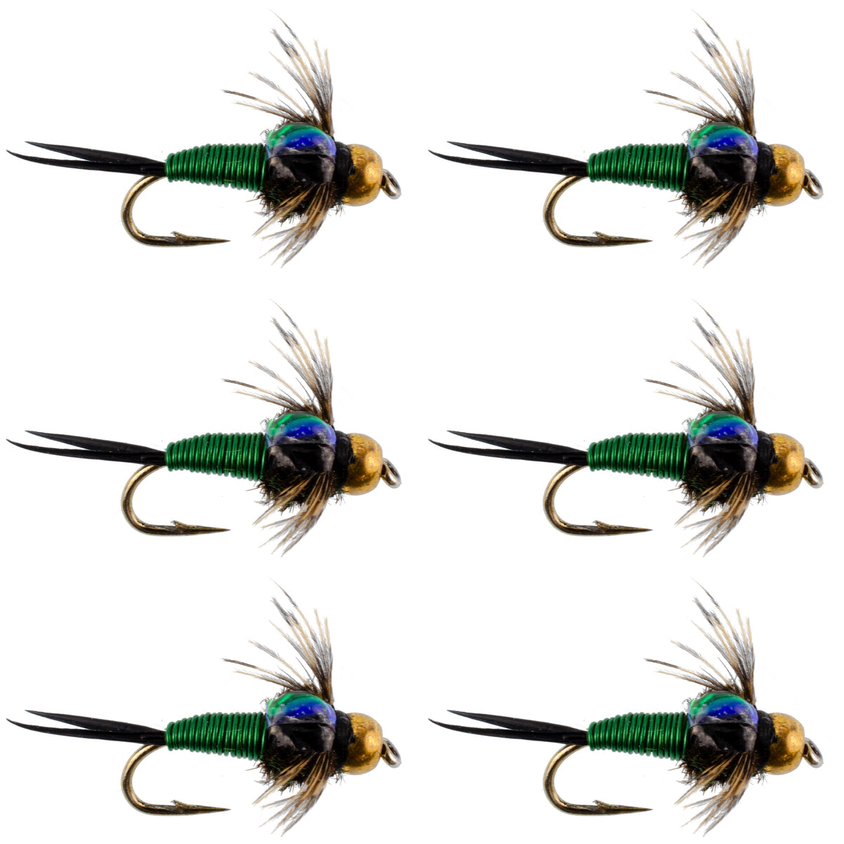 Set of 6 Bead Head Green Copper John Nymph trout wet flies for fly fishing, hook size 18, by The Fly Fishing Place.