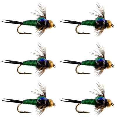 Set of 6 Bead Head Green Copper John Nymph trout wet flies for fly fishing, hook size 18, by The Fly Fishing Place.