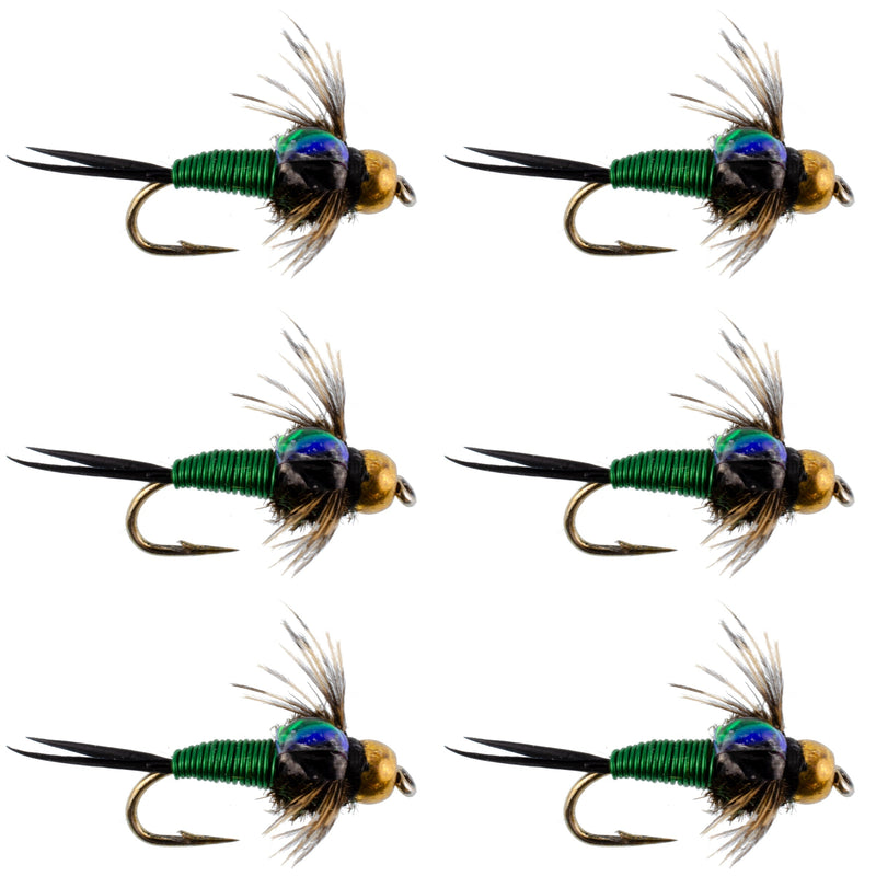 Set of 6 Bead Head Green Copper John Nymph trout wet flies for fly fishing, hook size 18, by The Fly Fishing Place.