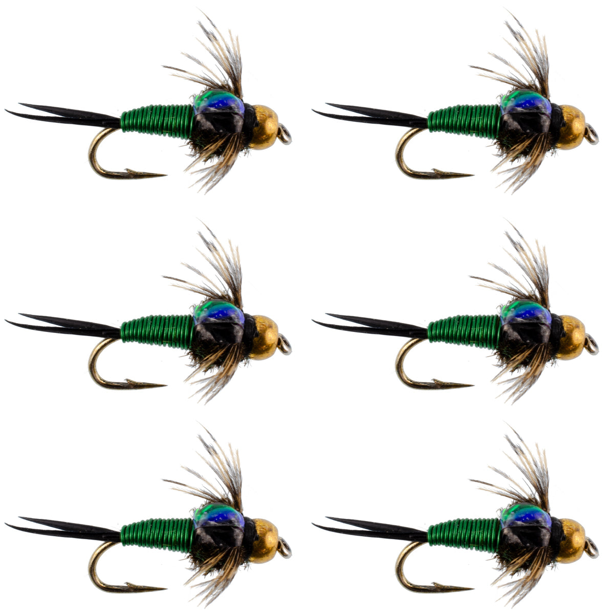 Six fishing flies with green bodies and brown wings on a white background